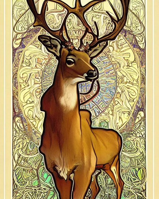 Image similar to an art nouveau painting of a deer with antlers, highly detailed, intricate, artstation, by alphonse mucha and james gurney