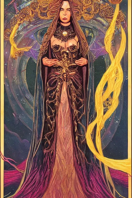 Prompt: Portrait of an epic space queen sorceress with long hair wearing robe with ornate bronze and gold, Art Noveau, retro science fiction poster by Elisabeth Sonrel and Kelly Freas (1965), tarot card, character concept art, vivid, highly detailed, cgsociety, artgerm