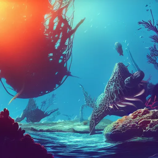 Image similar to underwater view of a strange alien world, some washed out red and green plant life, giant leviathan swimming far in the background, deep blue sea color, artstation, cinematic angle, cinematic and dramatic lighting