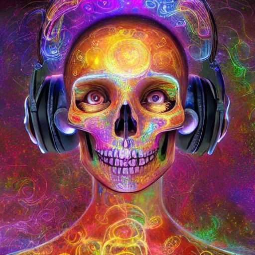 Image similar to portrait of a fantasycore glitchcore deformed skull wearing headphones. intricate abstract. intricate artwork. celestial. prismatic, by josephine wall, pixar, ghibli. octane render, CGSociety very coherent symmetrical artwork. cinematic, hyper realism, high detail, octane render, 8k, holographic accents