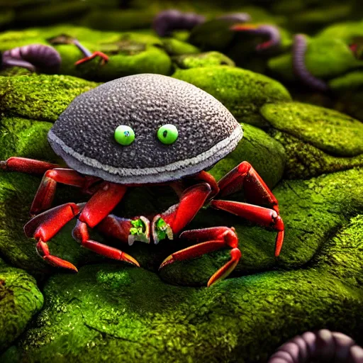 Image similar to large group of crabs and worms, crawling along a bed of moss, low poly, creeper world, handcrafted, artstation, hyperrealistic, hard light, best practices, creeptastic, photorealism, macro perspective, cuddly.