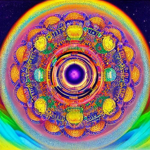 Image similar to A beautiful Buddhist Mandala, hyper-detailed, rainbow color scheme :: Mystical, astral, concept art - cinematic realism