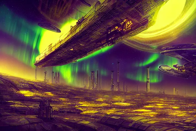 Image similar to spaceship favela honeybee hive, sci - fi interior environment, industrial factory, apocalyptic, jupiter, aurora borealis, award winning art, epic dreamlike fantasy landscape, ultra realistic,