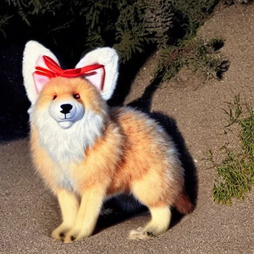 Image similar to a photorealistic adorable chubby fennic fox wolf rabbit hybrid, wearing bows on its fuzzy ears, grinning at the camera with a mischievous look, sharp teeth, happy lighting, at a tropical beach