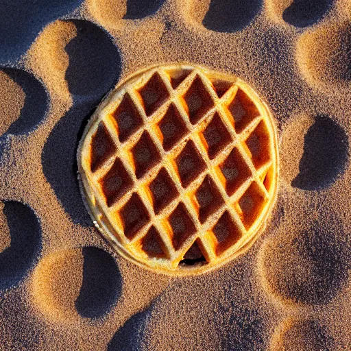 Prompt: an eggo waffle in the sand on the beach, high quality photograph, sigma 8 5 mm f / 8