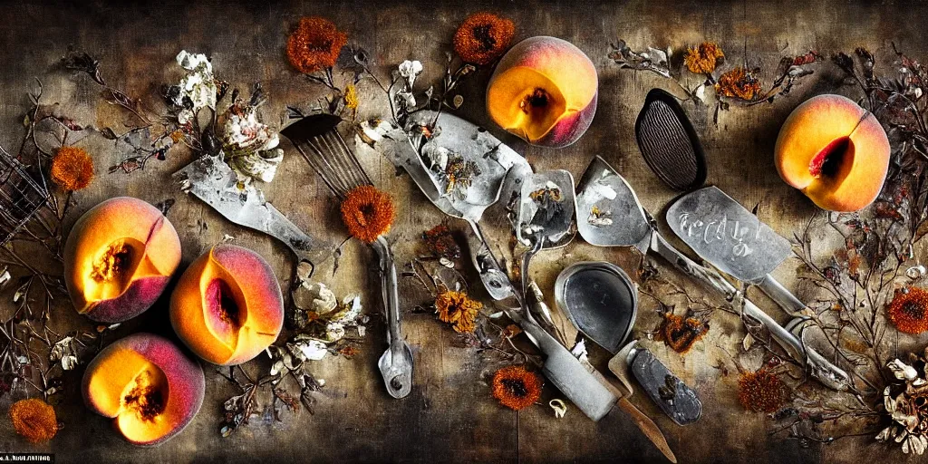 Image similar to decaying rotting peaches, moldy, on an antique distressed table top, dried flowers, metal kitchen utensils, old kitchen backdrop, dark kitchen, style by peter lippmann, intricate detail,