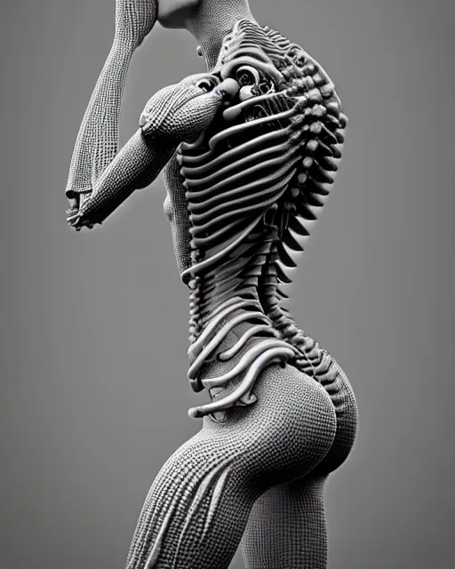 Image similar to raw bw 3 d redshift render biomechanical intricate spinal ribbed organic body detail of mechanical female vegetal - cyborg, beautiful insanely detailed, digital art, octane render, 8 k artistic photography, photo - realistic, unreal engine