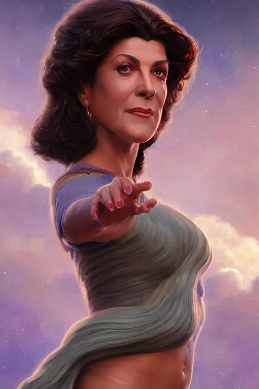 Image similar to Deanna Troi as a Goddess, Highly Detailed anatomy, only two hands, highly detailed, digital painting, artstation, concept art, smooth, sharp focus, illustration, Unreal Engine 5, 8K, art by art by artgerm and greg rutkowski and edgar maxence