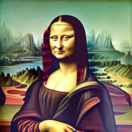 Prompt: oil painting by grant wood of the mona lisa.