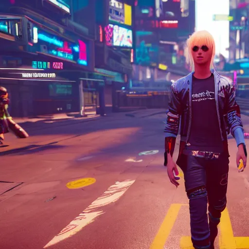 Prompt: an in-game screenshot of blonde boy in Cyberpunk 2077