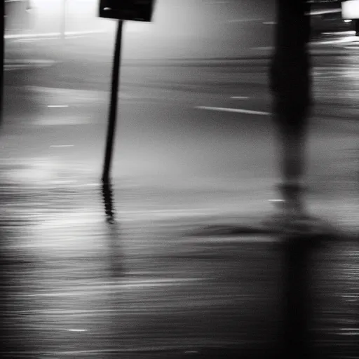 Image similar to an abstract photograph of a lonely male shadowy figure, he is dancing, there is a dark street, it is flooded with water, long exposure, motion blur, 35mm, black-and-white