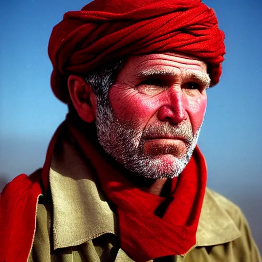 Image similar to portrait of president george w. bush as afghan man, green eyes and red scarf looking intently, photograph by steve mccurry