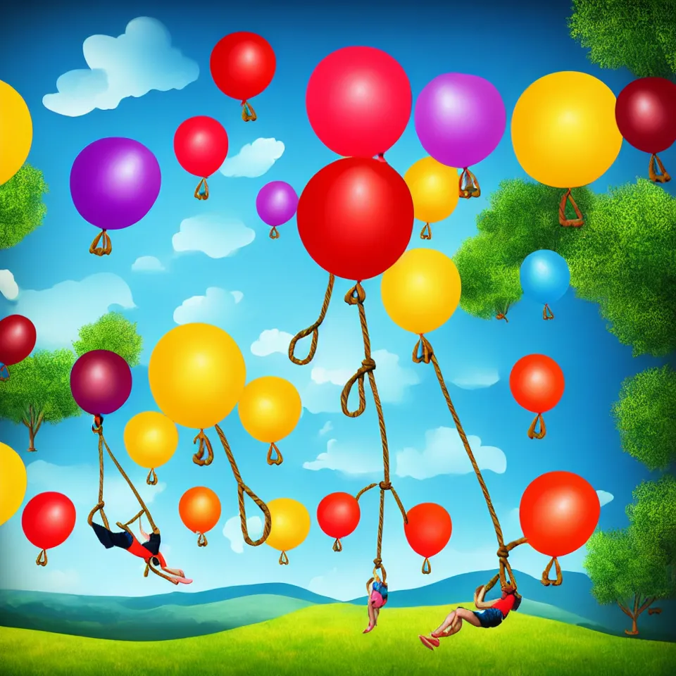 Prompt: large colorful balloons with people on rope swings underneath, flying high over the landscape, realistic, detailed