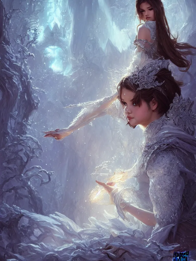 Image similar to Selena Gomez casting an frost spell, D&D, fantasy, intricate, elegant, highly detailed, digital painting, artstation, concept art, matte, sharp focus, illustration, hearthstone, art by Artgerm and Greg Rutkowski and Alphonse Mucha