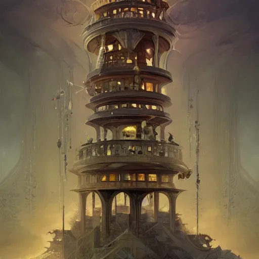 Prompt: an infinite library tower, D&D, fantasy, intricate, elegant, highly detailed, digital painting, artstation, concept art, smooth, sharp focus, illustration, art by Peter Mohrbacher, Peter Mohrbacher