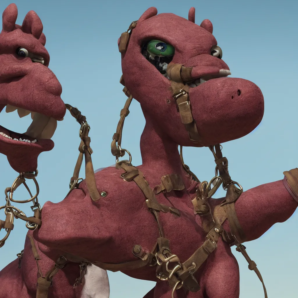 Prompt: photorealistic image of barney the dinosaur, from the tv show, in his costume, wearing a bunch of leather straps and whips and a bondage mask around his face. octane render, photorealistic, 8 k resolution