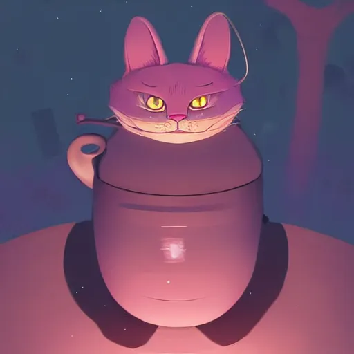 Prompt: cheshire cat drinking tea, in the style of atey ghailan and james gilleard and goro fujita, exquisite lighting, art, very coherent, trending on artstation