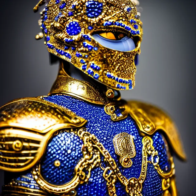 Image similar to photo of a warrior with sapphire encrusted armour highly detailed 8 k hdr smooth sharp focus high resolution award - winning photo dslr 5 0 mm