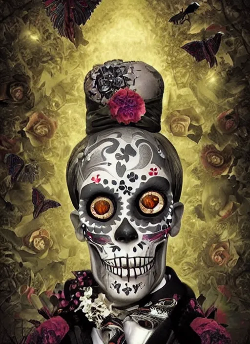 Prompt: dia de los muertos hombre theme surrealist art in the styles of igor morski, jim warren, and a tim burton film, intricate, masculine, hyperrealistic, accurate facial details, profile picture with chromakey!!!!! background, volumetric lighting