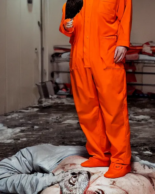 Prompt: closeup portrait of a bald eagle standing on donald trumps head, wearing orange prison pajamas, sitting on the floor of a filthy prison cell, cinematic masterpiece, octane, dramatic lighting, editorial photo, 35mm, very detailed