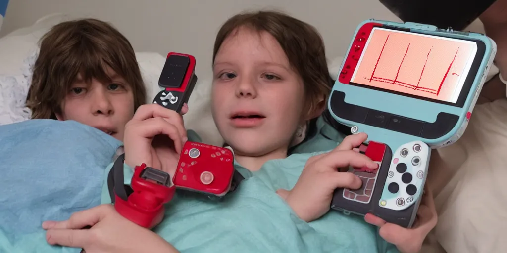 Image similar to heart monitor films in a childrens hospital on a wide red gameboy handheld console
