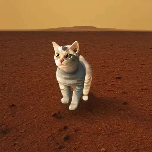 Prompt: cat wearing a spacesuit while walking on martian sunset