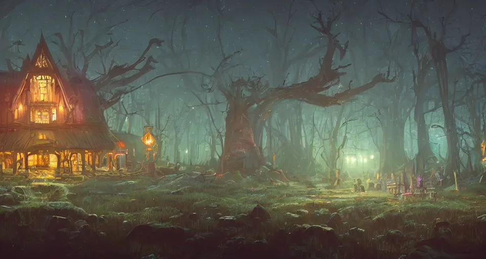 Prompt: A landscape with a large fantasy tavern with multiple stories in the middle of a forgotten magical forest, magical particles, warm lighting, inviting, enchanting, rendered by simon stålenhag, rendered by Beeple, Makoto Shinkai, syd meade, environment concept, digital art, unreal engine, 3 point perspective, WLOP, trending on artstation, low level, 4K UHD image, octane render,