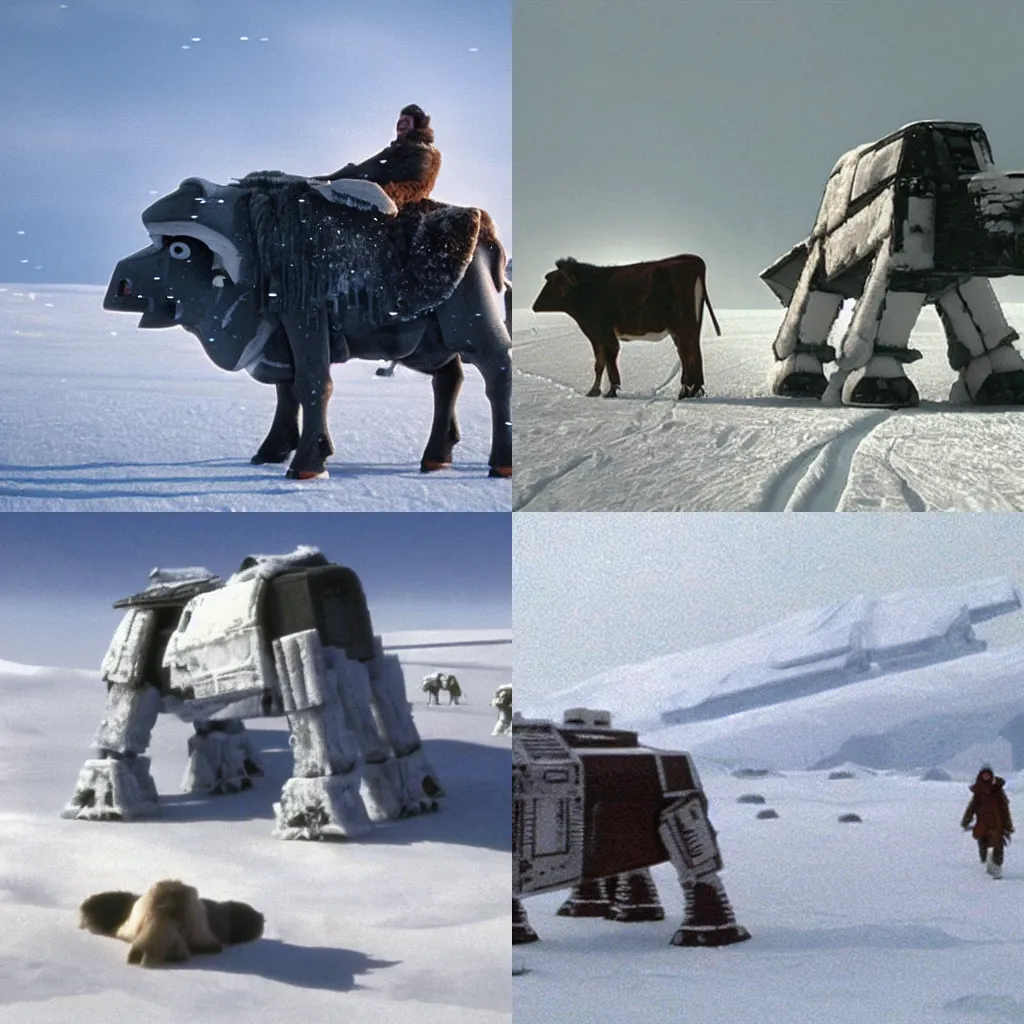 Prompt: a cow AT-AT on Hoth in the movie Star Wars