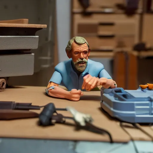 Image similar to product photography of a plasticine action figure hugh laurie on a workbench, depth of field, zeiss lens, detailed, centered, by erwin olaf, joop geesink, wes anderson, breathtaking, 8 k resolution, extremely detailed, beautiful, establishing shot, realistic materials, hyperrealistic