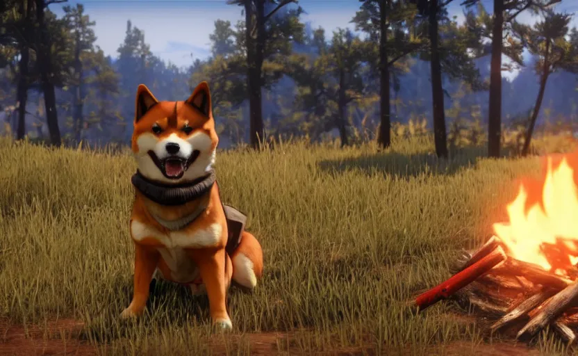 Image similar to A shiba inu dog in Red Dead Redemption 2, cinematic shot, campfire