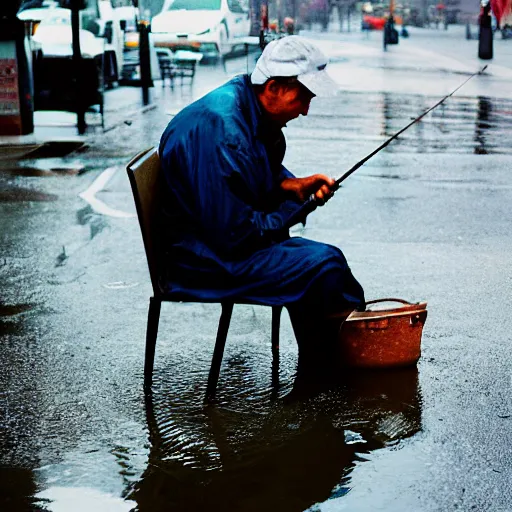 Prompt: closeup portrait of a man fishing in a puddle rainy new york street, by Annie Leibovitz and Steve McCurry, natural light, detailed face, CANON Eos C300, ƒ1.8, 35mm, 8K, medium-format print