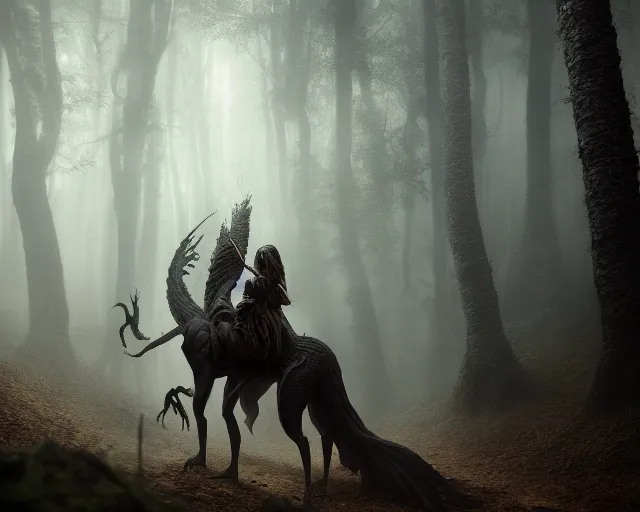 Image similar to 5 5 mm portrait photo of a dragon rider, in a magical forest. dark atmosphere. art by greg rutkowski. highly detailed 8 k. intricate. lifelike. soft light. nikon d 8 5 0.