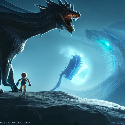 Image similar to an adorable and small alien lands on earth to meet a giant dragon, sweet, concept art, octane render, unreal engine, highly detailed, 4 k, comic book art