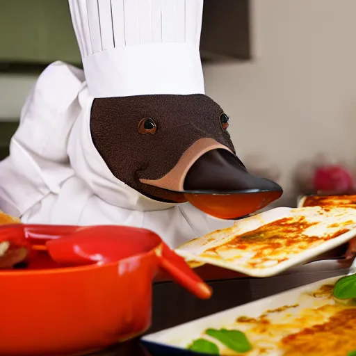 Prompt: platypus wearing a chef hat while cooking a lasagna with three basil leaves over the lasagna