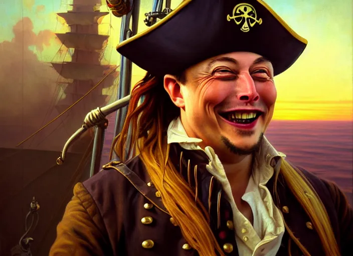 Prompt: highly detailed painting of a laughing Elon Musk as a pirate captain, proudly posing at the helm of his frigate wearing a pirate hat at sunset, artstation, cinematic lighting, hyperdetailed, cgsociety, 8k, high resolution, insanely detailed and intricate, concept art, smooth, sharp focus, illustration, art by Peter Mohrbacher and Alphonse Mucha, masterpiece