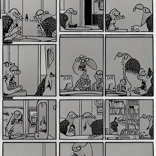 Image similar to dslr of a farside comic person drawn by gary larson, perfect symmetry, intricate, masterpiece, grayscale