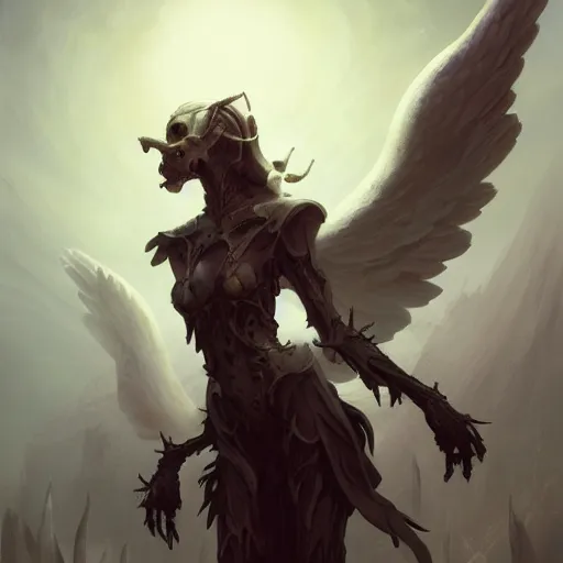 Prompt: beautiful angel of death stands in a field of bones, highly detailed matte fantasy painting, cinematic lighting, DeviantArt Artstation, by Peter Mohrbacher,