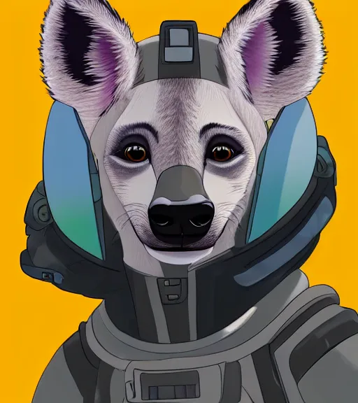 Image similar to digital detailed portrait of anthromorphic female hyena, in style of zootopia, fursona, furry, furaffinity, 4 k, deviantart, wearing astronaut outfit, in style of disney zootopia, floating in space, space background, in deep space, dark background, hyena fursona, cyberpunk, female, detailed face, style of artgerm,