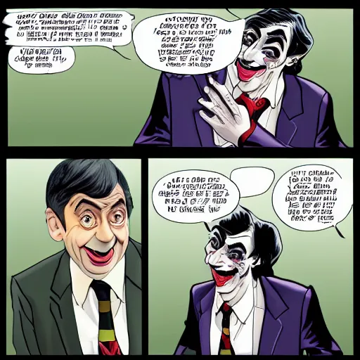 Prompt: romance scene of mr. bean and the joker making out in batman vs bean, 2 0 2 0