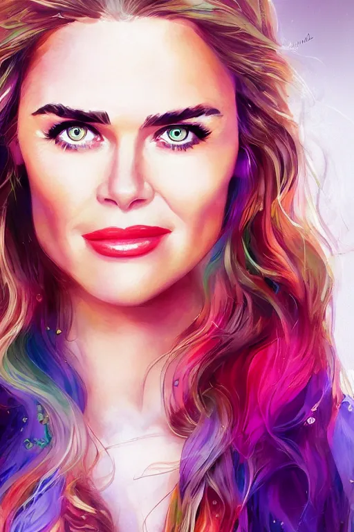 Image similar to portrait of a mix of beautiful young maria shriver, mariel hemmingway, brooke shields, nicole kidman and elle macpherson as a mermaid, thin lips, hair tied up in a pony tail, colorful artstation, cgsociety