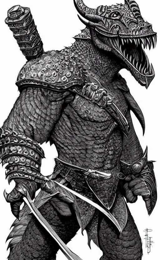 Prompt: dragonborn barbarian, intricate, beautiful, highly detailed, elegant, artstation, concept art, smooth and sharp focus, illustration, painting by frank quietly, geoff darrow, jim lee