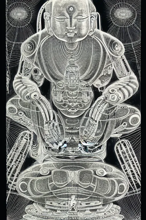 Image similar to a black and white drawing of awakened ancient futuristic japanese buddha mech meditating, bioluminescence, a detailed mixed media collage by eduardo paolozzi and ernst haeckel, intricate linework, sketchbook psychedelic doodle comic drawing, geometric, deconstructivism, matte drawing, academic art, constructivism