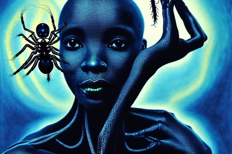 Image similar to realistic detailed photorealistic film portrait shot of a beautiful black woman with a giant spider, sci-fi city landscape background by Denis Villeneuve, Amano, Yves Tanguy, Alphonse Mucha, Ernst Haeckel, Max Ernst, Andrei Tarkovsky, Edward Robert Hughes, Roger Dean, necklace, dynamic pose, rich moody colours, wide angle, blue eyes