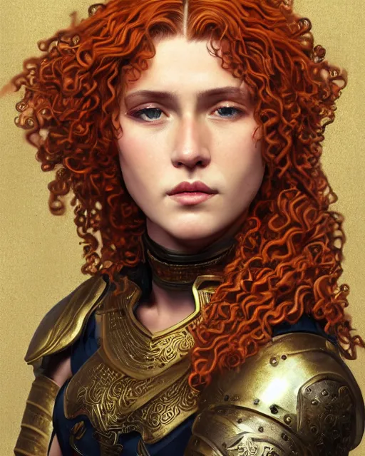 Image similar to Hyper realistic portrait of a strong female fighter with beautiful curly shiny copper hair and broad shoulders, she is from Troy and wears a golden armor, high contrast, artwork in the style of Alphones Mucha and Takumi Nagayasu, trending on artstation