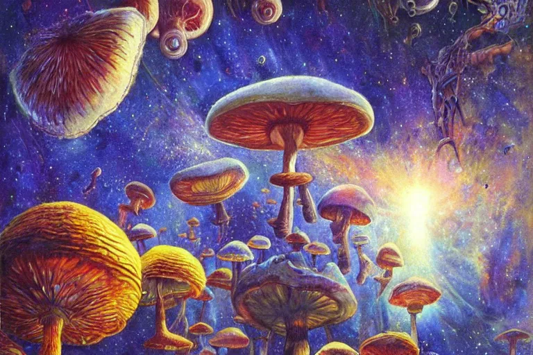 Image similar to how magic mushrooms can take us to the farthest reaches of innerspace, painting by james gurney