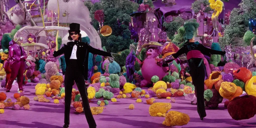 Image similar to Michael Jackson playing willy wonka in a warner bros movie, charlie and the choclate factory ultra realistic, 4K, movie still, UHD, sharp, detailed, cinematic, render, modern