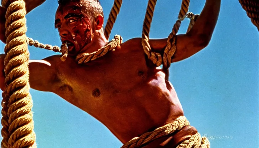 Prompt: 1 9 6 0 s movie still close - up of marcus atilius regulus tied with ropes at pole in direction of the burning sun with his eyelids teared off bleeding, cinestill 8 0 0 t 3 5 mm eastmancolor, high quality, heavy grain, high detail, texture, dramatic light, anamorphic, hyperrealistic, detailed hair