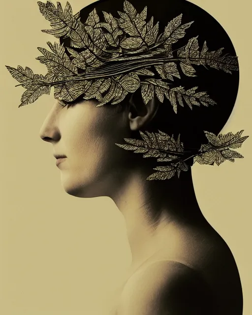 Image similar to a woman's face in profile, wearing a vintage motorcycle helmet made of intricate delicate leaf skeleton, in the style of the dutch masters and gregory crewdson, dark and moody