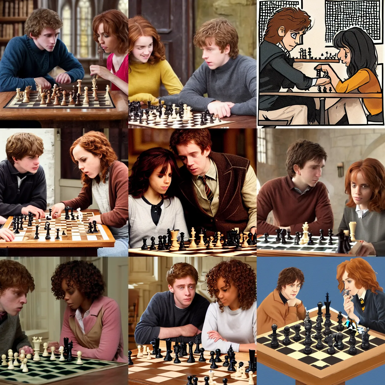 Prompt: Ron Weaslry and Hermione Granger playing chess