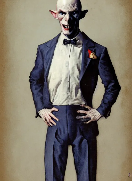 Image similar to upper body portrait of blue-faced nosferatu in a suit, by leyendecker and norman rockwell, photoreal, character concept art, artstation